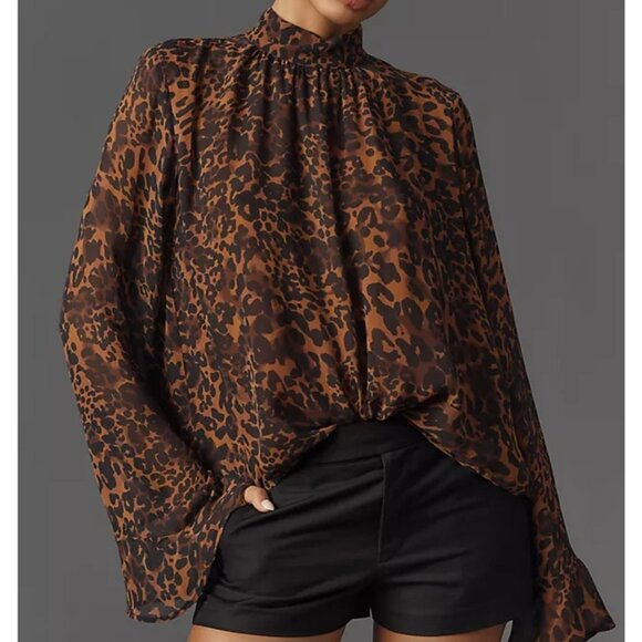 Maeve Anthropologie Animal Print Blouse Top Women's 1X Brown Black Flared Sleeve - Picture 4 of 16